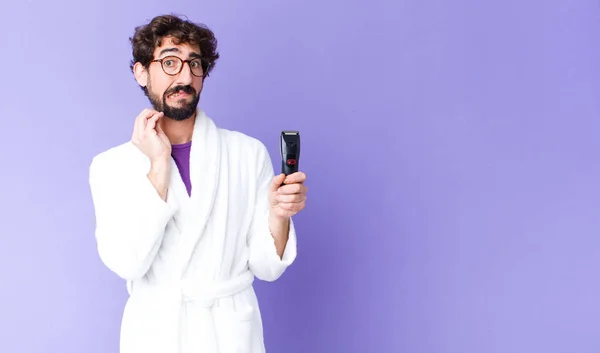 Young Crazy Bearded Man Wearing Bathrobe Razor Shaver — Stock Photo, Image