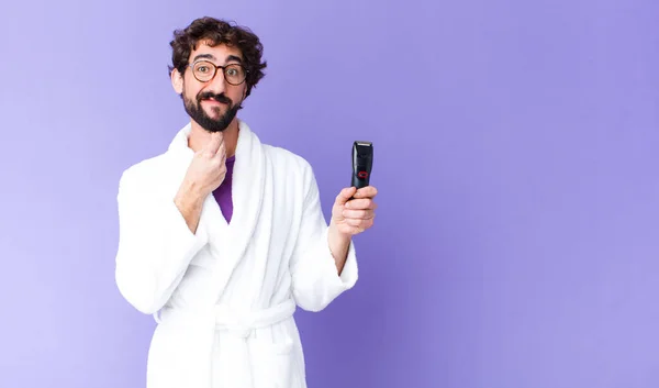 Young Crazy Bearded Man Wearing Bathrobe Razor Shaver — Stock Photo, Image