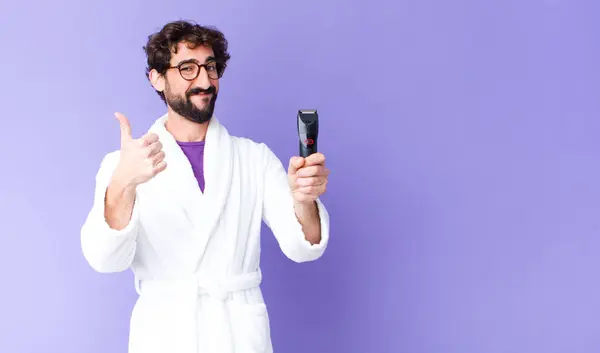 Young Crazy Bearded Man Wearing Bathrobe Razor Shaver — Stock Photo, Image