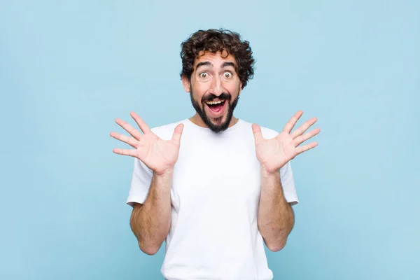 Young Crazy Bearded Man Looking Happy Excited Shocked Unexpected Surprise — Stock Photo, Image