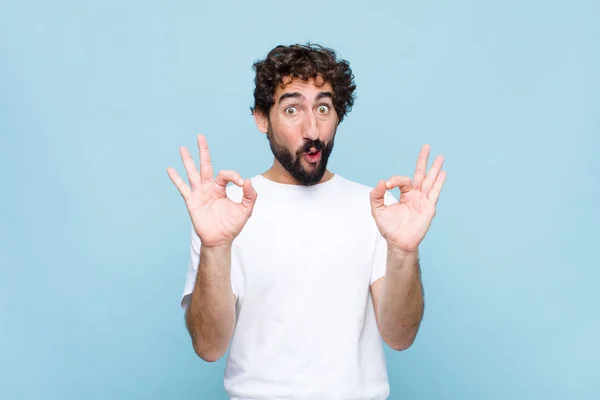 Young Crazy Bearded Man Feeling Shocked Amazed Surprised Showing Approval — Stock Photo, Image