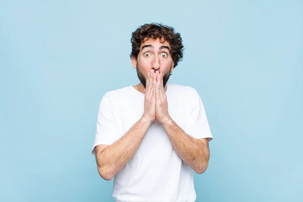 Young Crazy Bearded Man Feeling Worried Upset Scared Covering Mouth — Stock Photo, Image