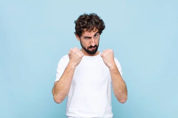 Young Crazy Bearded Man Looking Confident Angry Strong Aggressive Fists — Stock Photo, Image