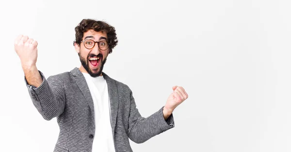 Young Crazy Businessman Shouting Triumphantly Looking Excited Happy Surprised Winner — Stock Photo, Image