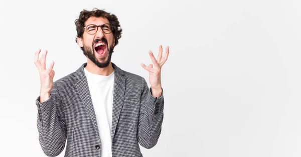 Young Crazy Businessman Furiously Screaming Feeling Stressed Annoyed Hands Air — Stock Photo, Image