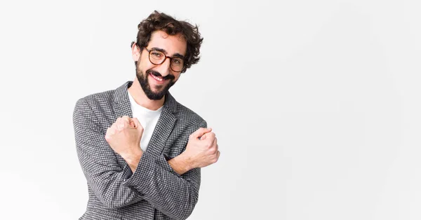 Jovem Empresário Louco Sorrindo Alegremente Comemorando Com Punhos Apertados Braços — Fotografia de Stock