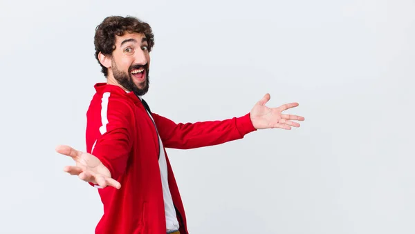 Young Bearded Man Back View Smiling Cheerfully Giving Warm Friendly — Stock Photo, Image