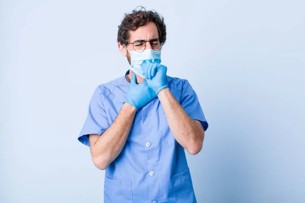 Jeune Homme Sentant Malade Avec Mal Gorge Des Symptômes Grippe — Photo