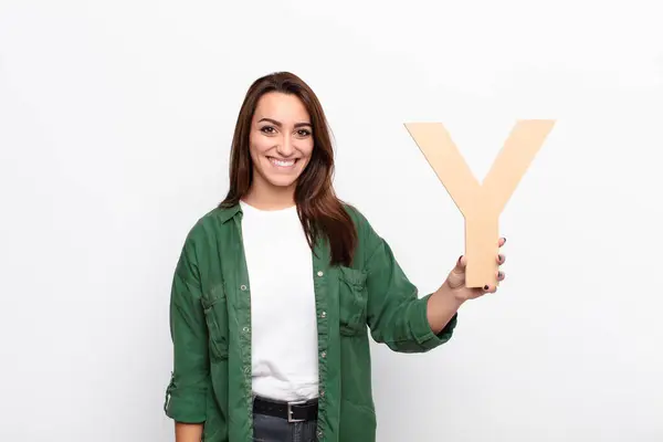 Young Pretty Woman Excited Happy Joyful Holding Letter Alphabet Form — Stock Photo, Image