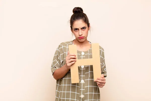 Young Pretty Woman Sad Depressed Unhappy Holding Letter Alphabet Form — Stock Photo, Image
