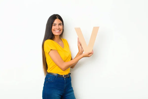 Young Latin Pretty Woman Excited Happy Joyful Holding Letter Alphabet — Stock Photo, Image