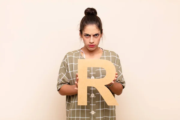 Young Pretty Woman Angry Anger Disagreement Holding Letter Alphabet Form — Stock Photo, Image