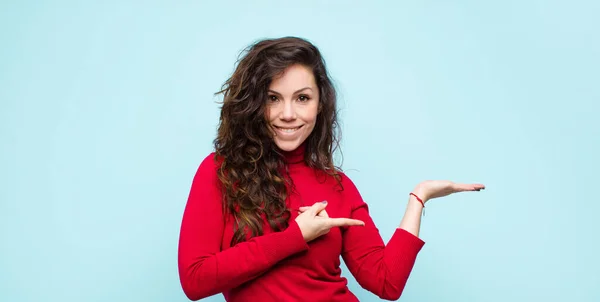 Young Pretty Woman Smiling Feeling Happy Carefree Satisfied Pointing Concept — Stock Photo, Image