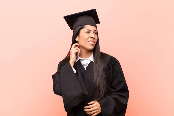 Young Latin Woman Student Feeling Stressed Frustrated Tired Rubbing Painful — Stock Photo, Image