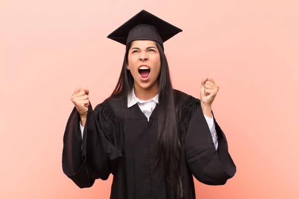 Young Latin Woman Student Shouting Aggressively Angry Expression Fists Clenched — Stock Photo, Image