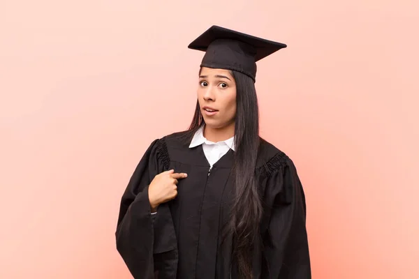 Young Latin Woman Student Feeling Confused Puzzled Insecure Pointing Self — Stock Photo, Image