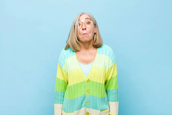 Senior Middle Age Pretty Woman Goofy Crazy Surprised Expression Puffing — Stock Photo, Image