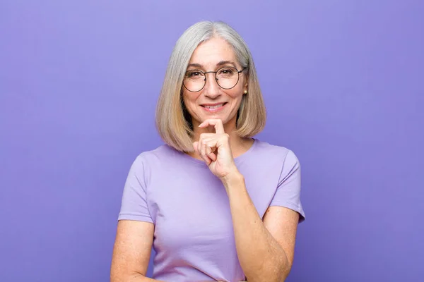 Senior Middle Age Pretty Woman Looking Happy Smiling Hand Chin — Stock Photo, Image