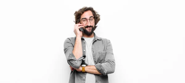 Young Crazy Cool Man Using His Smartphone White Wall — Stock Photo, Image