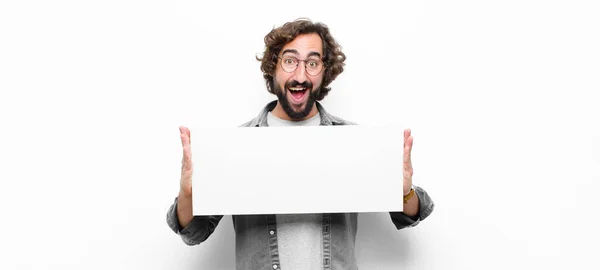 Young Crazy Cool Man Holding Placard White Wall — Stock Photo, Image