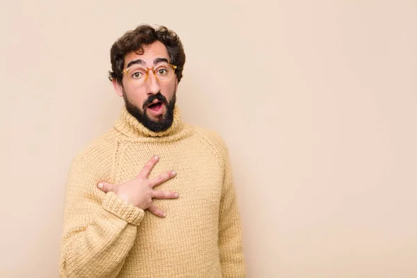 Young Cool Man Feeling Shocked Astonished Surprised Hand Chest Open — Stock Photo, Image