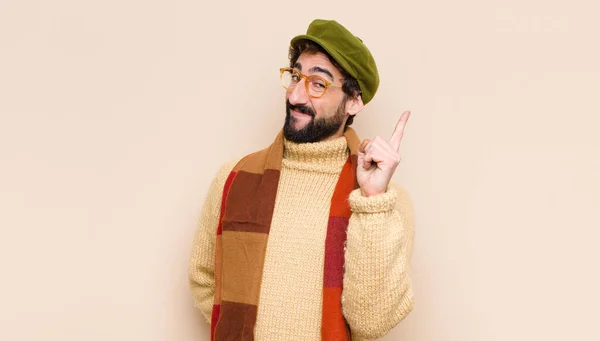 Young Cool Bearded Man Smiling Cheerfully Happily Pointing Upwards One — 스톡 사진