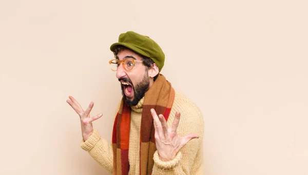 Young Cool Bearded Man Furiously Screaming Feeling Stressed Annoyed Hands — Stock Photo, Image