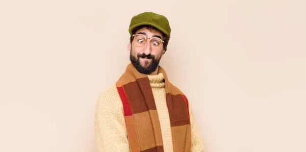 Young Cool Bearded Man Looking Goofy Funny Silly Cross Eyed — Stock Photo, Image