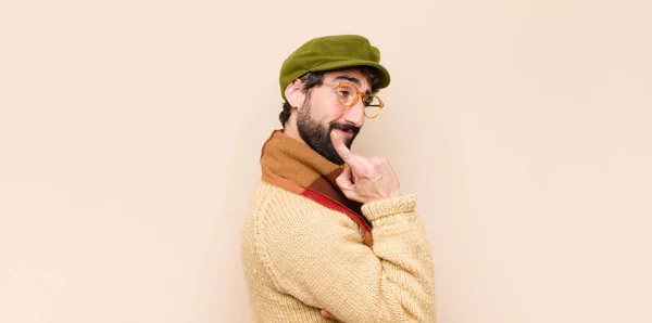Young Cool Bearded Man Feeling Genius Holding Finger Proudly Air — 스톡 사진
