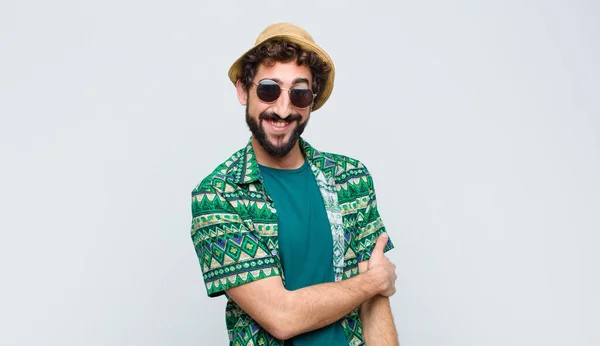 Young Tourist Man Laughing Shyly Cheerfully Friendly Positive Insecure Attitude — Stock Photo, Image