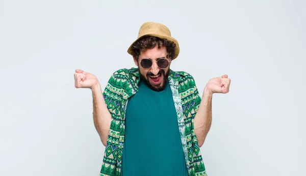 Young Tourist Man Looking Extremely Happy Surprised Celebrating Success Shouting — Stock Photo, Image