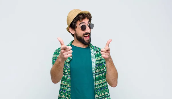 Young Tourist Man Smiling Positive Successful Happy Attitude Pointing Camera — Stock Photo, Image