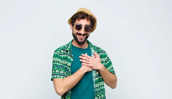 Young Tourist Man Feeling Romantic Happy Love Smiling Cheerfully Holding — Stock Photo, Image