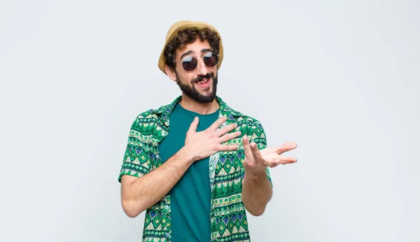 Young Tourist Man Feeling Happy Love Smiling One Hand Next — Stock Photo, Image