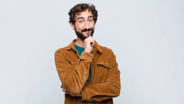 Young Handsome Man Looking Happy Smiling Hand Chin Wondering Asking — Stock Photo, Image