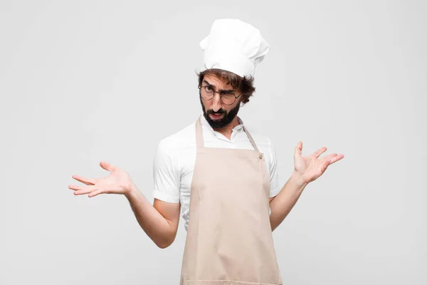 Young Crazy Chef Feeling Clueless Confused Having Idea Absolutely Puzzled — 图库照片