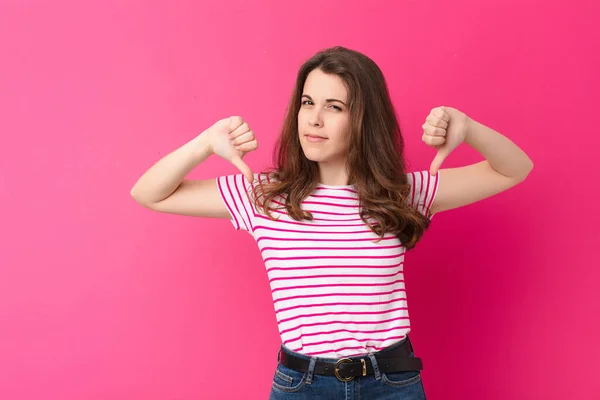 Young Pretty Woman Looking Sad Disappointed Angry Showing Thumbs Disagreement — Stock Photo, Image