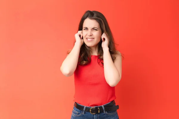 Young Pretty Woman Looking Angry Stressed Annoyed Covering Both Ears — Stock Photo, Image