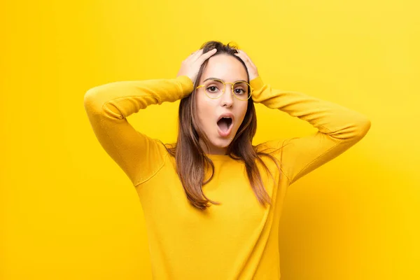 Young Pretty Woman Open Mouth Looking Horrified Shocked Because Terrible — Stock Photo, Image
