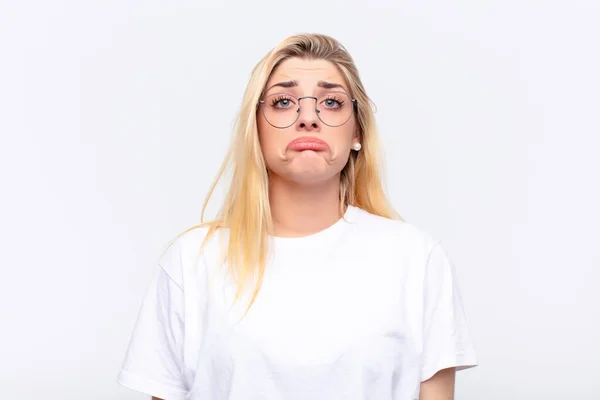 Young Pretty Blonde Woman Feeling Sad Stressed Upset Because Bad — Stock Photo, Image