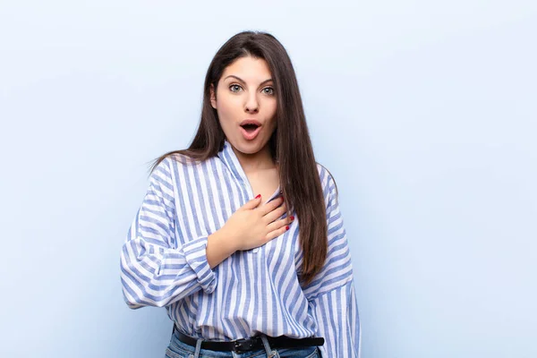 Young Pretty Woman Feeling Shocked Surprised Smiling Taking Hand Heart — Stock Photo, Image