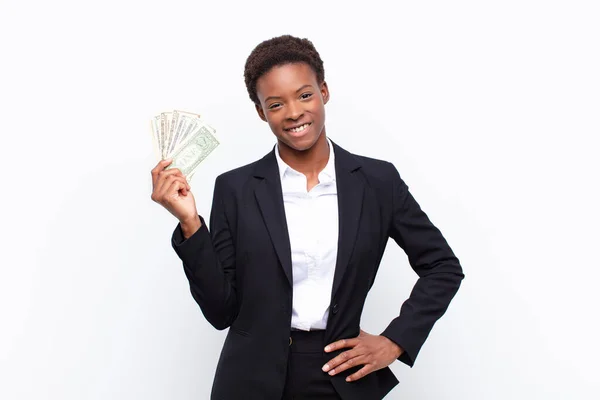 Young Pretty Black Womansmiling Happily Hand Hip Confident Positive Proud — Stock Photo, Image