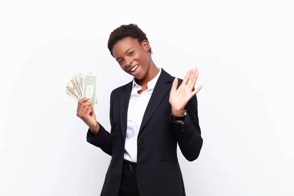 Young Pretty Black Womansmiling Happily Cheerfully Waving Hand Welcoming Greeting — Stock Photo, Image