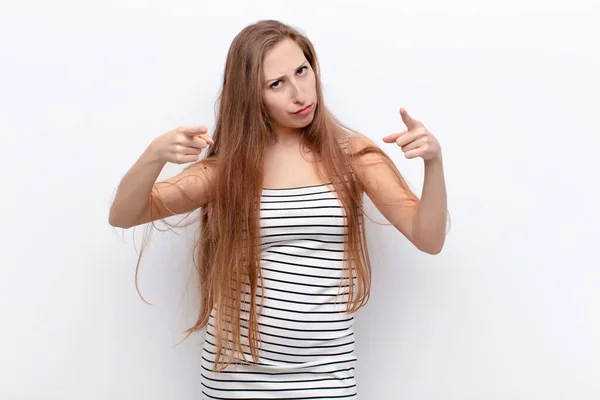 Yound Blonde Woman Pointing Forward Camera Both Fingers Angry Expression — Stock Photo, Image