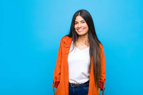 Young Pretty Latin Woman Smiling Cheerfully Casually Positive Happy Confident — Stock Photo, Image