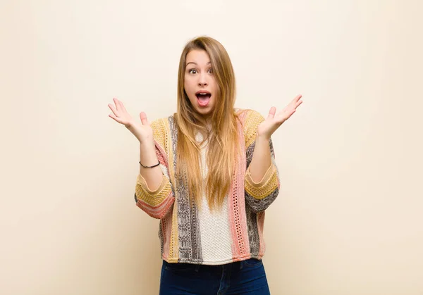 Young Blonde Woman Feeling Shocked Excited Laughing Amazed Happy Because — Stock Photo, Image