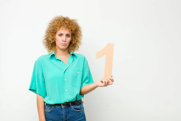 Young Pretty Afro Woman Sad Depressed Unhappy Holding Number — Stock Photo, Image