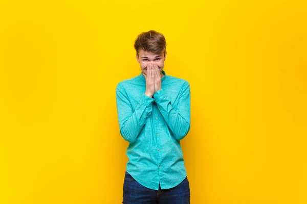 Young Blonde Man Looking Happy Cheerful Lucky Surprised Covering Mouth — Stock Photo, Image