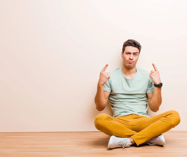 Young Arabian Man Bad Attitude Looking Proud Aggressive Pointing Upwards — Stock Photo, Image