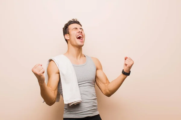 Young Arabian Man Shouting Triumphantly Looking Excited Happy Surprised Winner — Stock Photo, Image